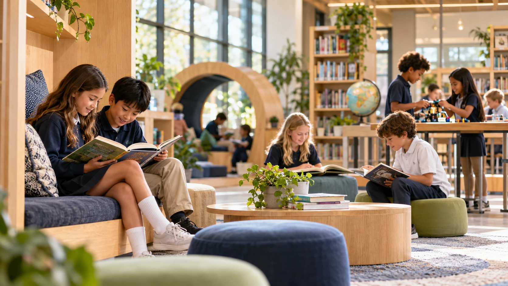 Copii citind într-o bibliotecă luminoasă